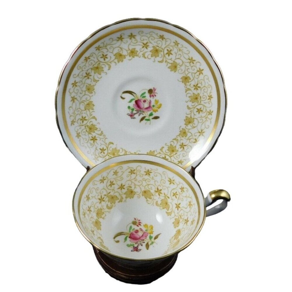 Royal Chelsea Yellow Leaves, Roses, and Gold Tea Cup and Saucer